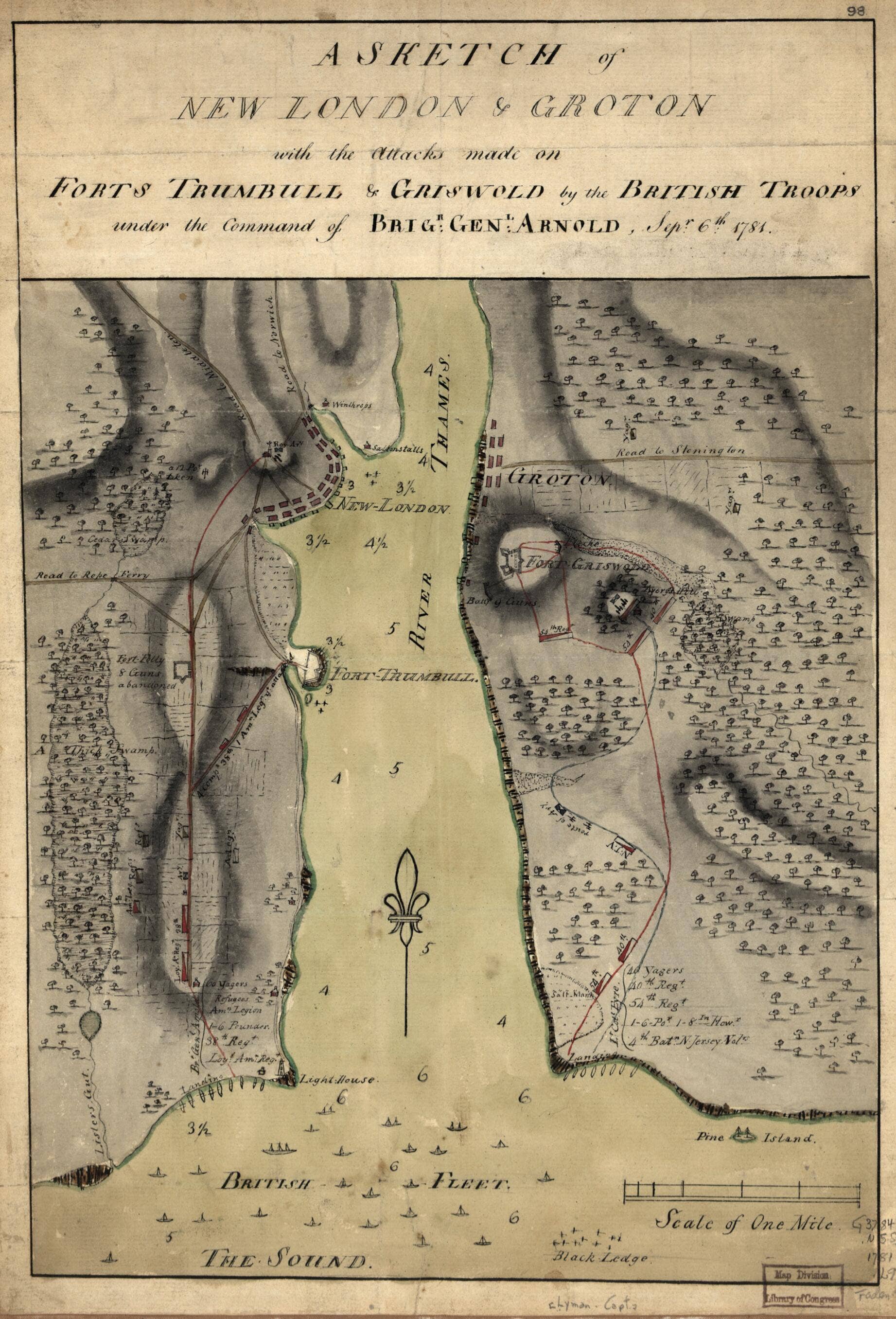 Relic Map Co. – wholesale Map – A Sketch of New London & Groton With the Attacks Made On Forts Trumbull & Griswold by the British Troops Under the Command of Brigr. Genl. Arnold, Sept. 6th. 17810