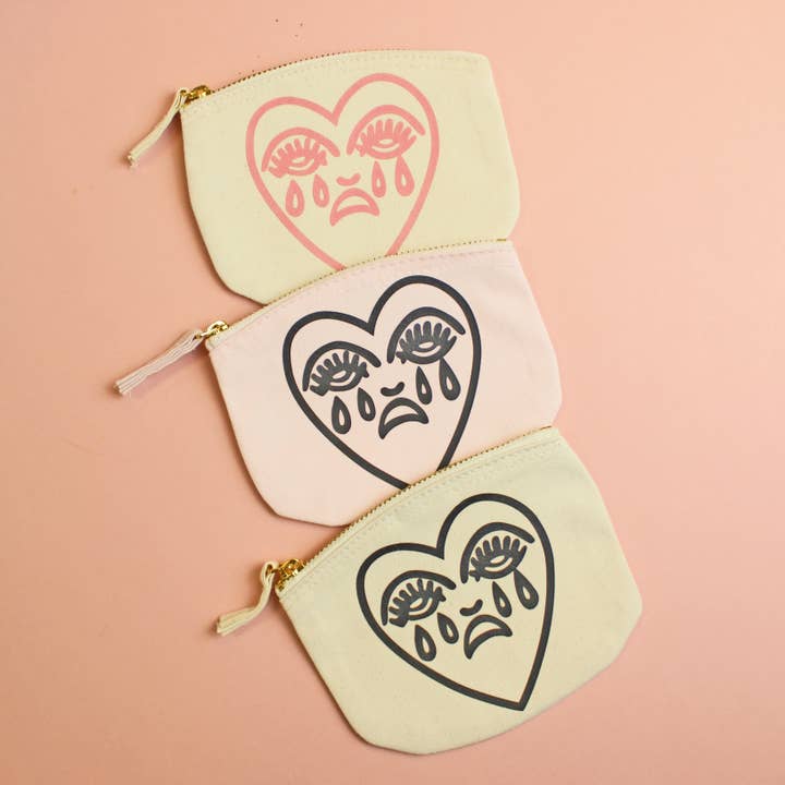 Crying Heart Tattoo Printed Organic Cotton Zip Purse Pouch for wholesale by Cousins Collective