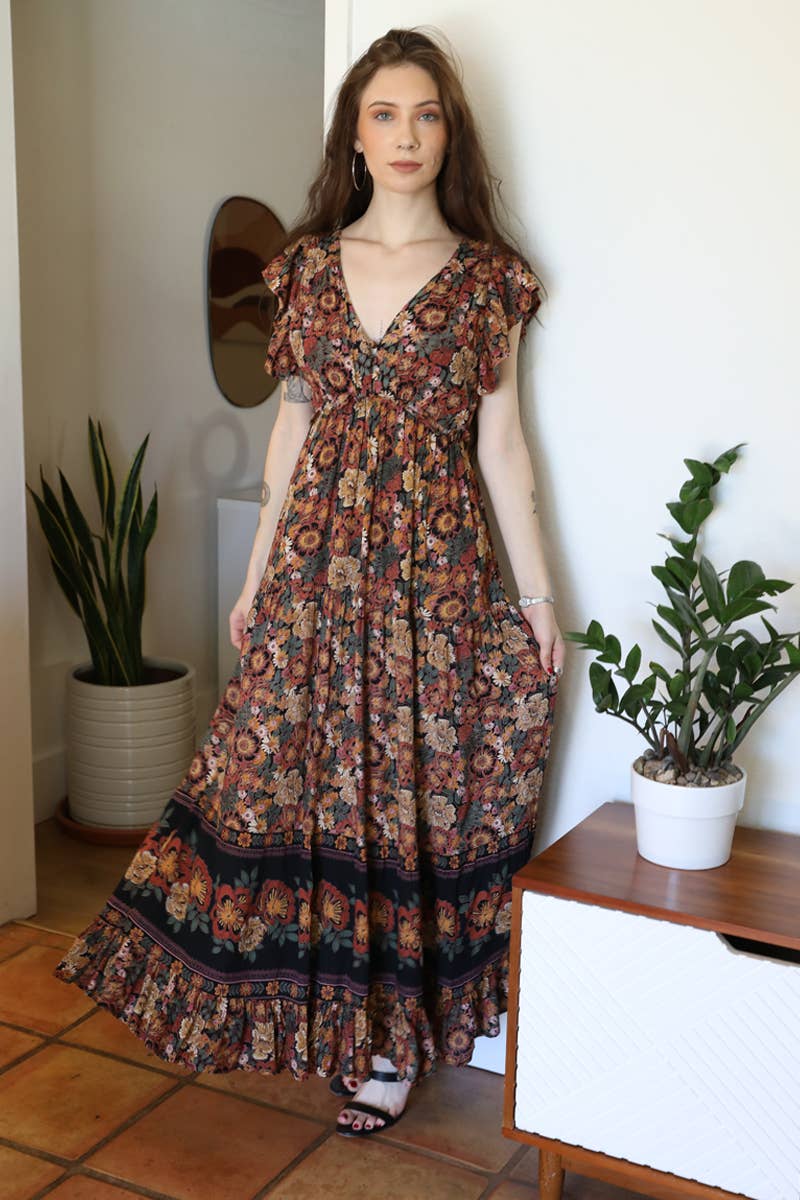 ANGIE - Wholesale Dress - Women's - F4G10-FQ54 V NECK OPEN BACK FLUTTER SLEEVE MAXI DRESS