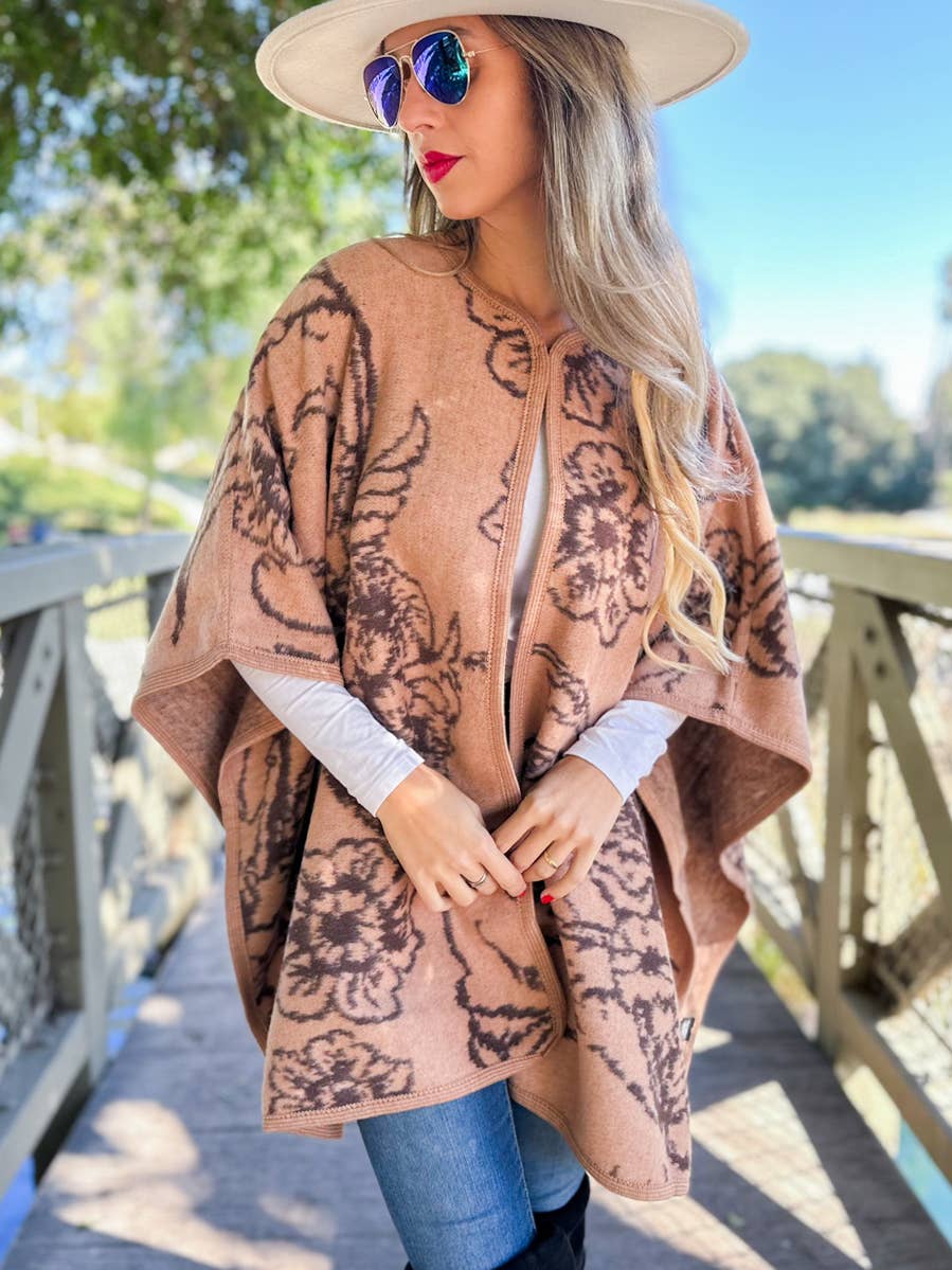 Camel Elegant Floral Print Cape Shawl Ruana Cardigan for wholesale on Faire6