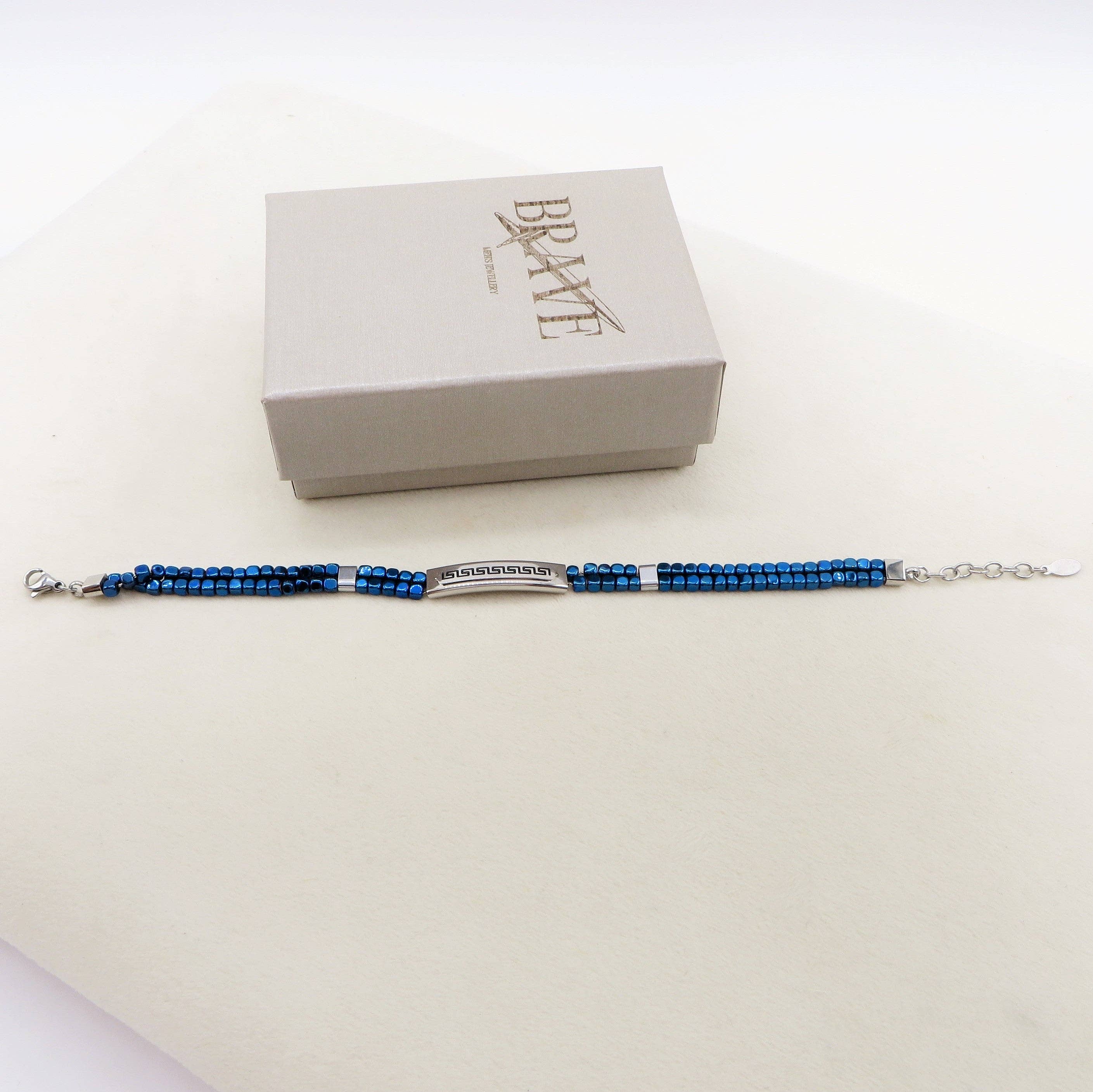 ARES Bracciale uomo  Targhetta con greche e cubetti in ematite BLU  -  ACCIAIO INOSSIDABILE for wholesale on Faire2