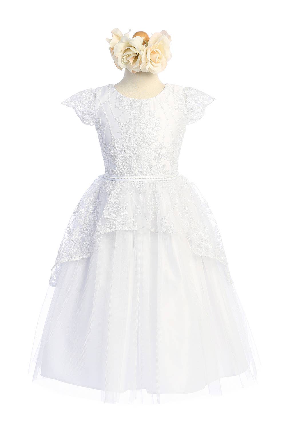 white SK915 - floral lace peplum with satin & crystal tulle for wholesale on Faire0