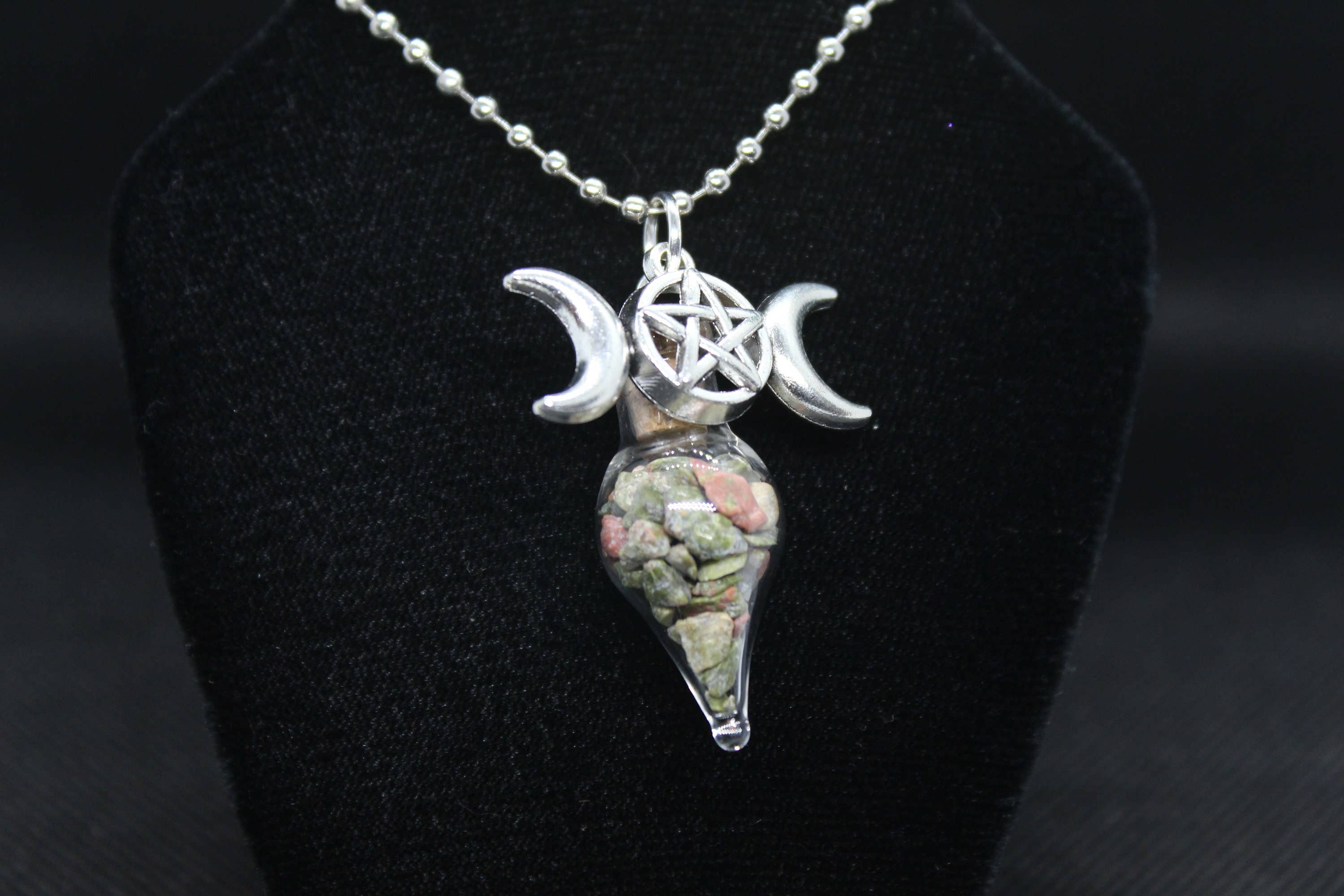 Witchcrafted in MI - Wholesale Pendant/Charm Necklace - Unakite Glass Teardrop Necklace with Triple Moon1