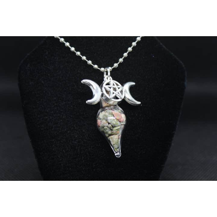 Witchcrafted in MI - Wholesale Pendant/Charm Necklace - Unakite Glass Teardrop Necklace with Triple Moon1