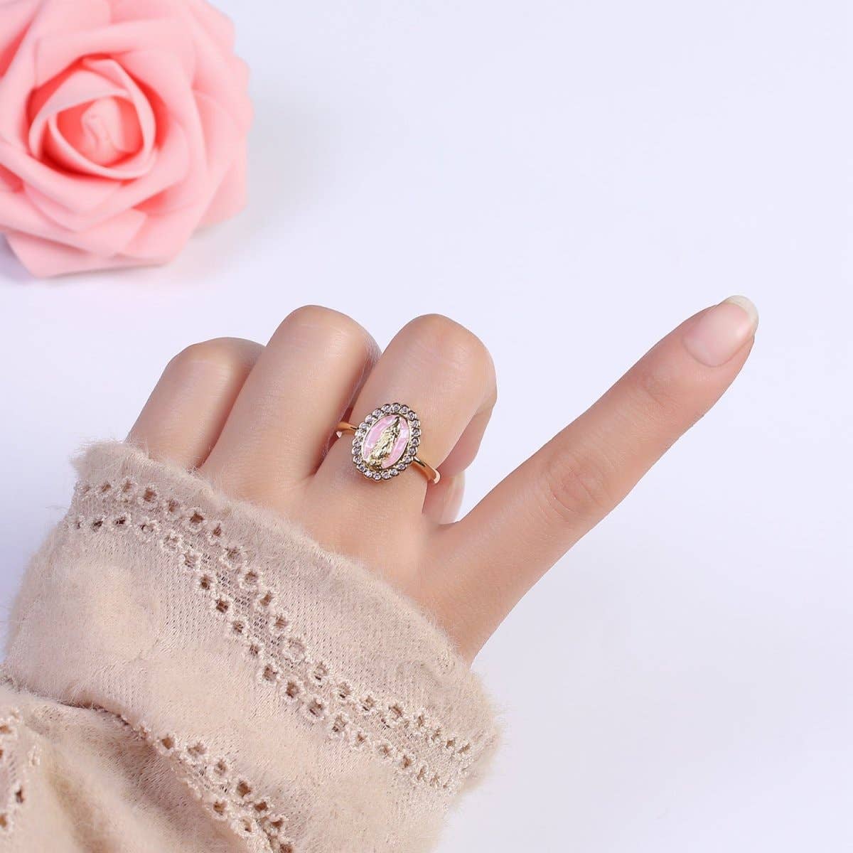 Aim Eternal - Wholesale Multi-Stone Ring - Virgin Mary Ring, 14K Gold Filled Religious Medallion Ring, Mother Mary Statement Ring, cz Lady of Guadalupe Ring S-401 to S-4044