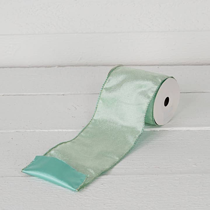 R32979-Wired Ribbon-Mint Green Velvet with Satin Back (4inW) for wholesale by Impressive Enterprises, Inc.