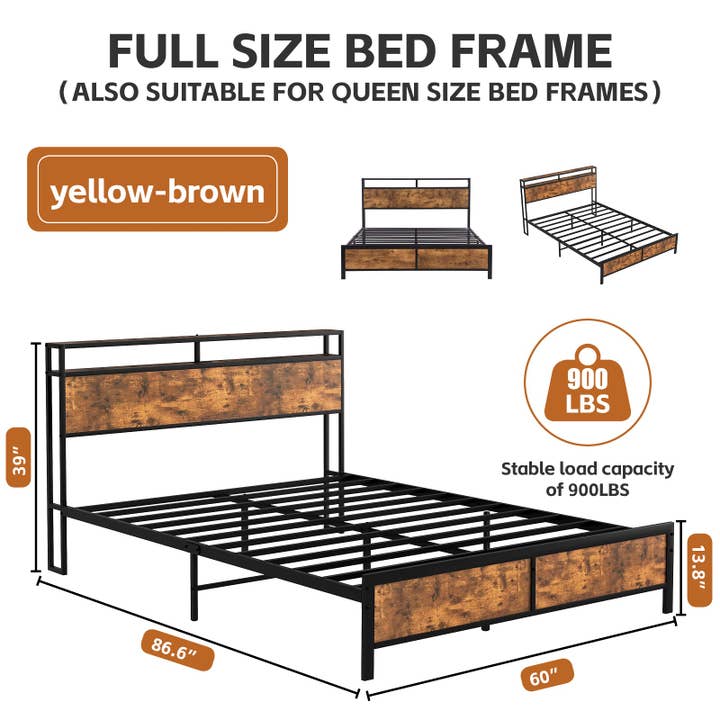 Orange County Decor - Wholesale Bed - Industrial Full Bed Frame With Led Lights And 2 Usb Ports, Bed Frame Full Size With Storage, Noise Free, No Box Spring Needed, Rustic Brown Full Rustic Brown Metal Metal