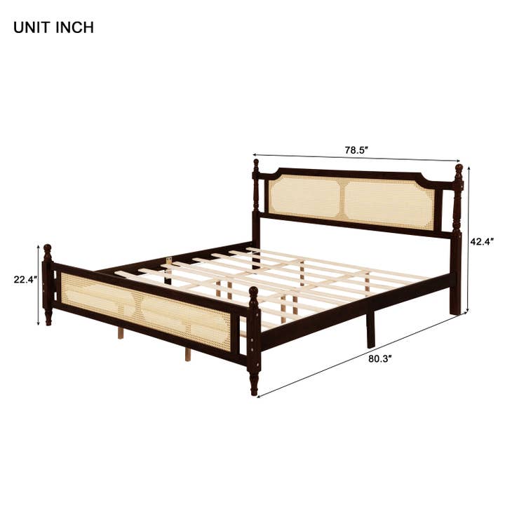 39F Inc. - Wholesale Bed - King Pine Wooden Bed with Rattan Headboard and Footboard