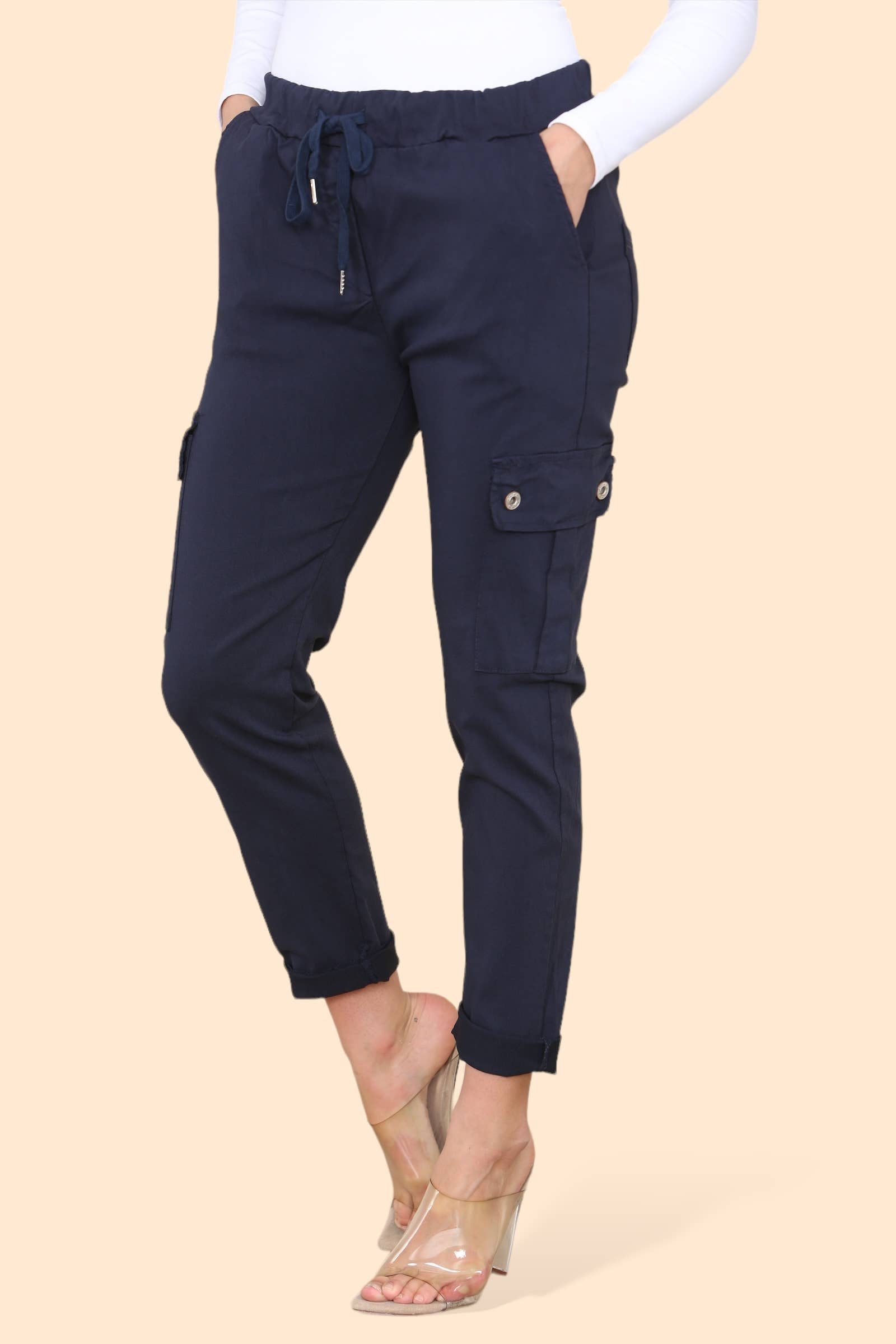 Kurt Muller – wholesale Pants – Women's – Plain Cargo Stud Pocket Bi-Stretch Magic Trousers22