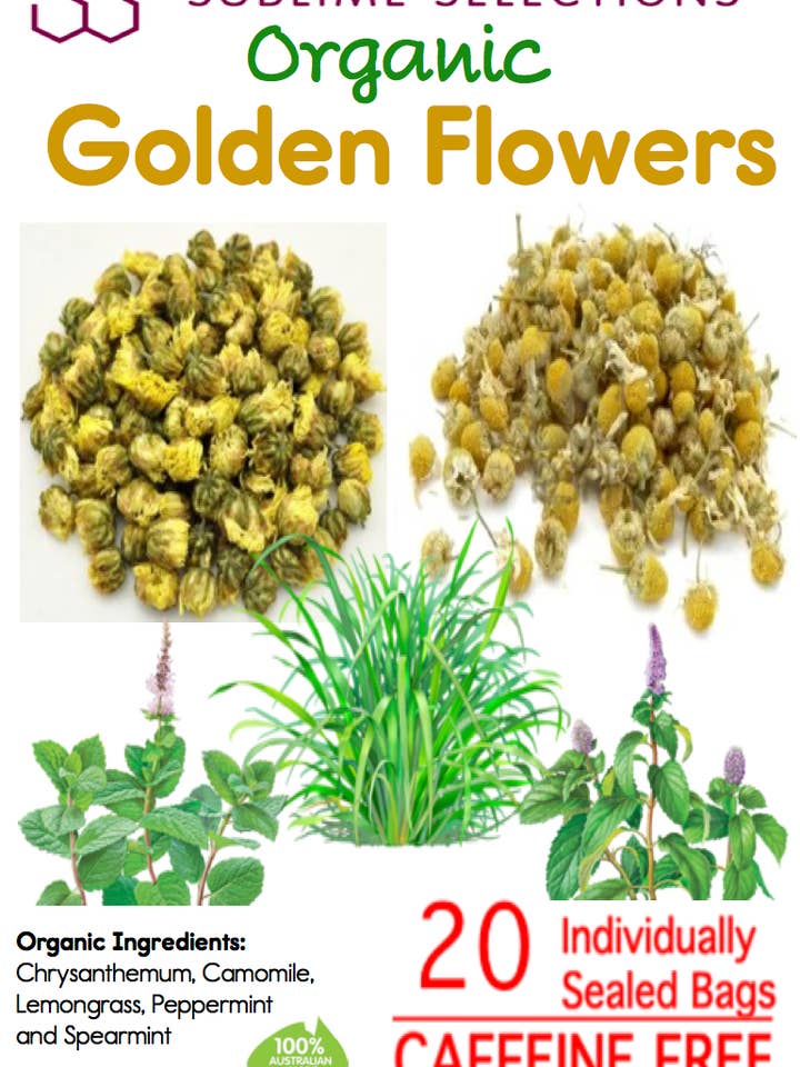 Gyldne blomster (krysantemum & kamille) tepose for engroshandel hos Australian Tea House