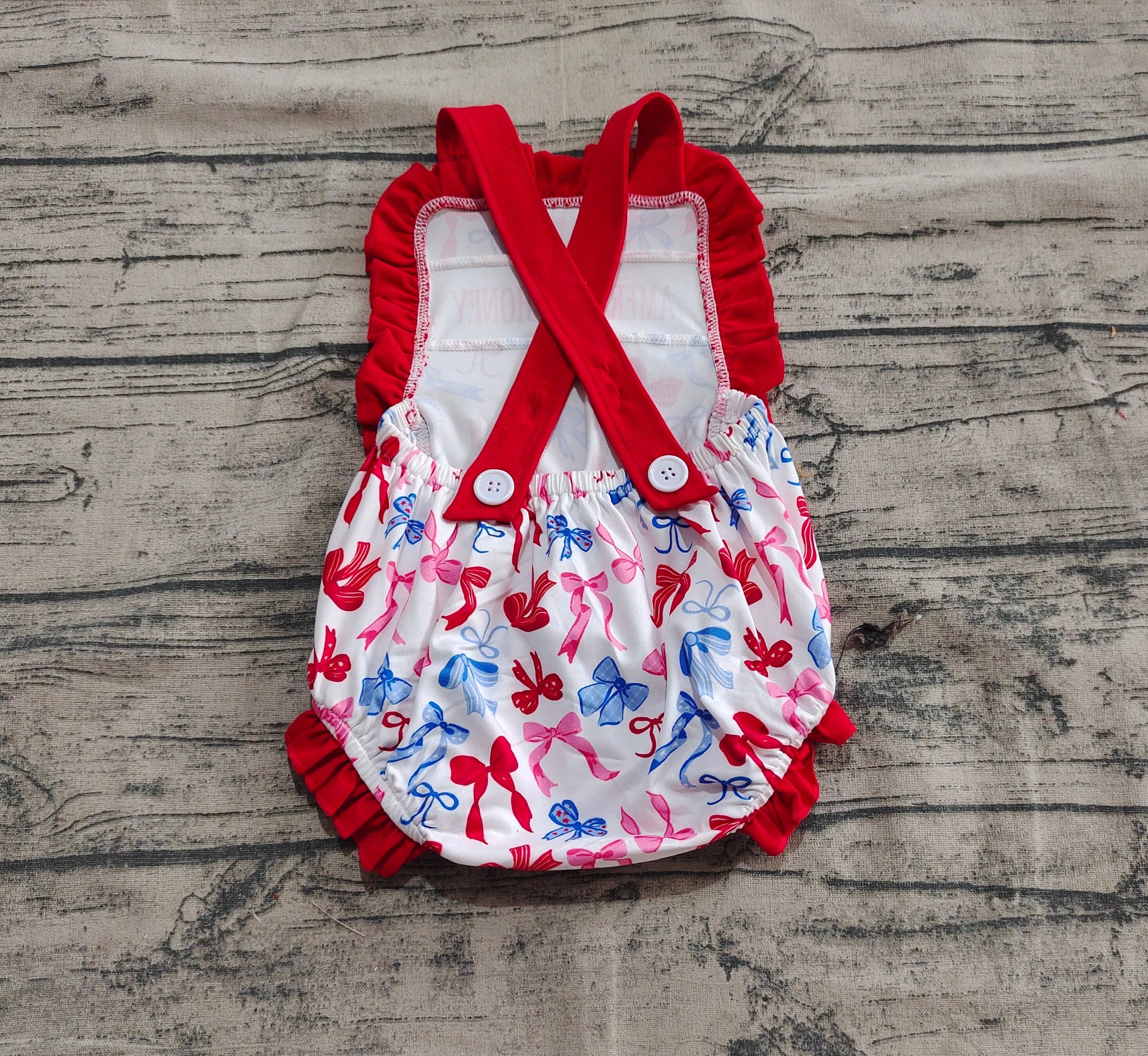 Aier Wholesale - Wholesale Bodysuit (Non-Footed) - Baby - Baby Girls Red Strap American Honey Blue Bows 4th Of July Rompers3
