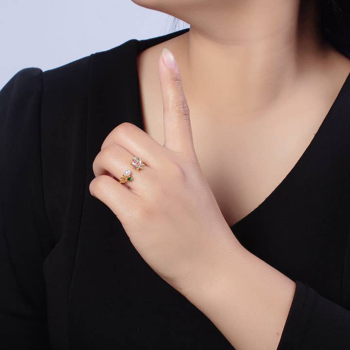 Aim Eternal - Wholesale Ring met meerdere stenen - Dainty Pearl CZ Crystal Daisy Flower gouden ring O21041