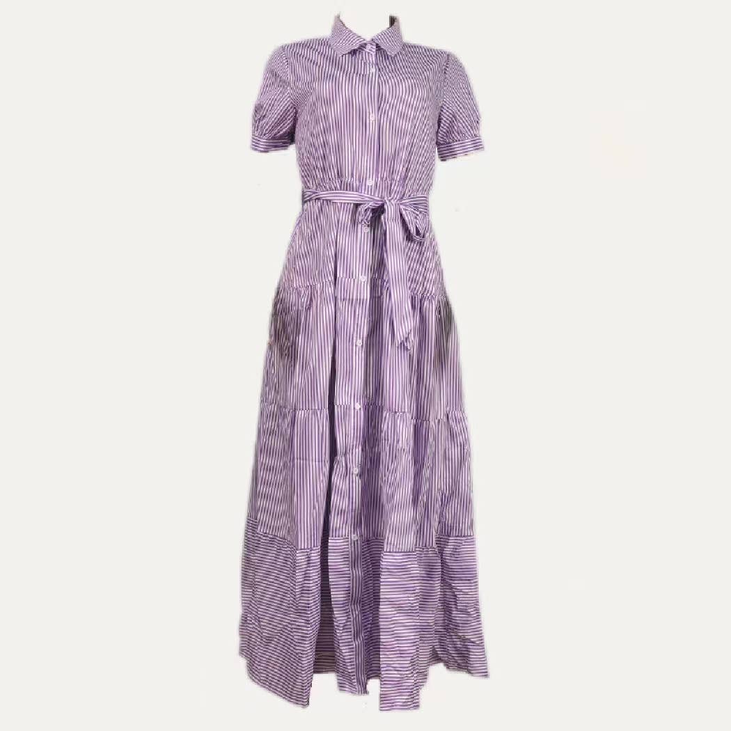 The Moment Collection – Engroshandel Kjole - Dame – Maxi kjole med korte ærmer, krave og klassisk stribet mønster7