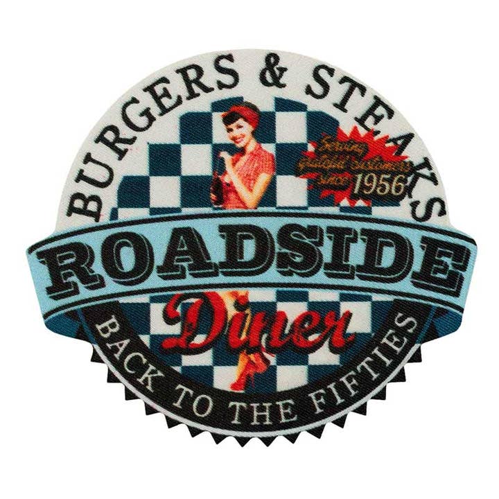 white Iron-on Patch Pin Up Girl Vintage Roadside 50 Years for wholesale on Faire