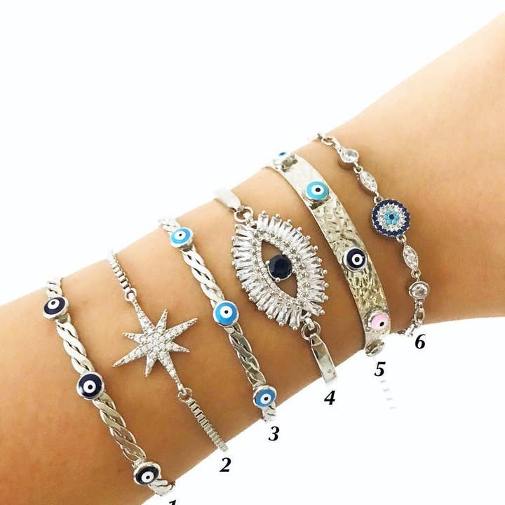 Silver Evil Eye Bracelet Set, Silver Bangle Bracelet, Cz Baguette Bracelet for wholesale by Evileyefavor