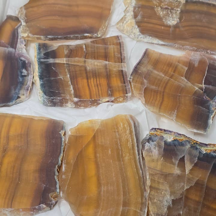 9pc Fluorite Slabs ~ Bulk Polished Crystals ~ Mineral Flats for wholesale by Aquamarine Daydream Wholesale