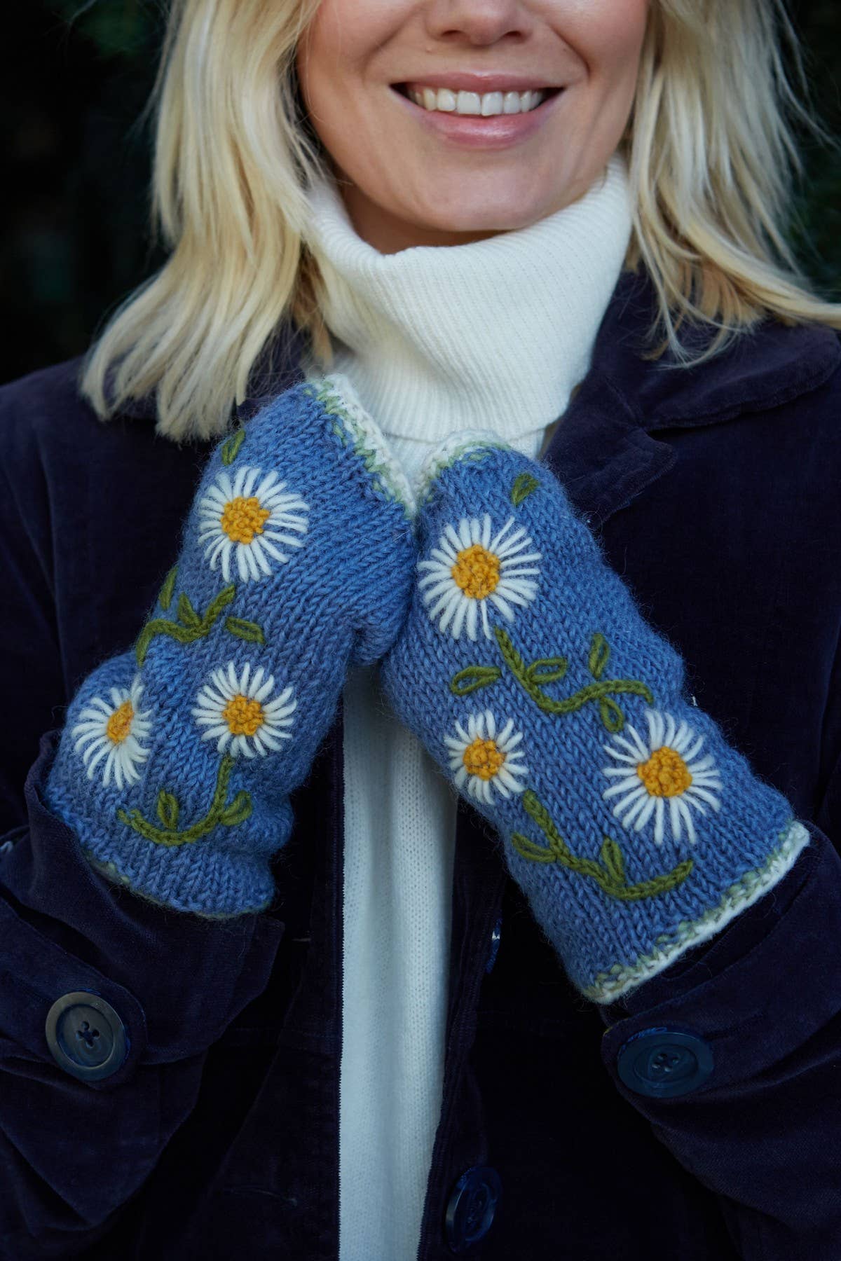 Jacaranda Daisy Chain - Guantes de Punto de Lana Azul con Forro de Felpa sin Dedos de venta al por mayor en Faire1