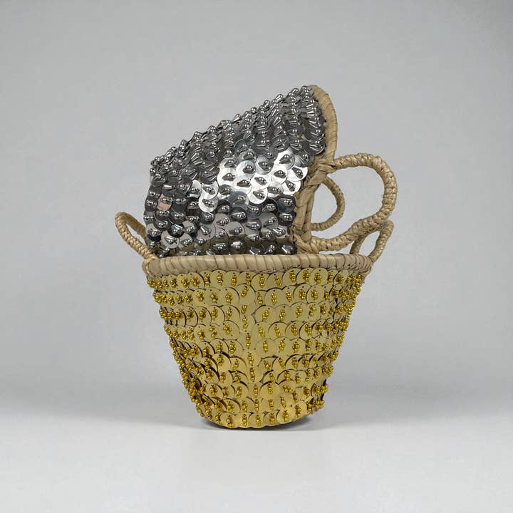 Melecraft - Wholesale Beach Bag - Mini Sequin Straw Market Basket - Gold Silver Gift Tote8