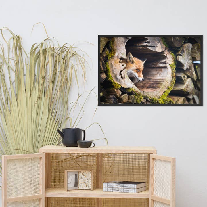 Pipa Wall Art & Home Decor - Wholesale Art Print - Young Red Fox Face In Mossy Stump Wildlife Nature Framed Art5