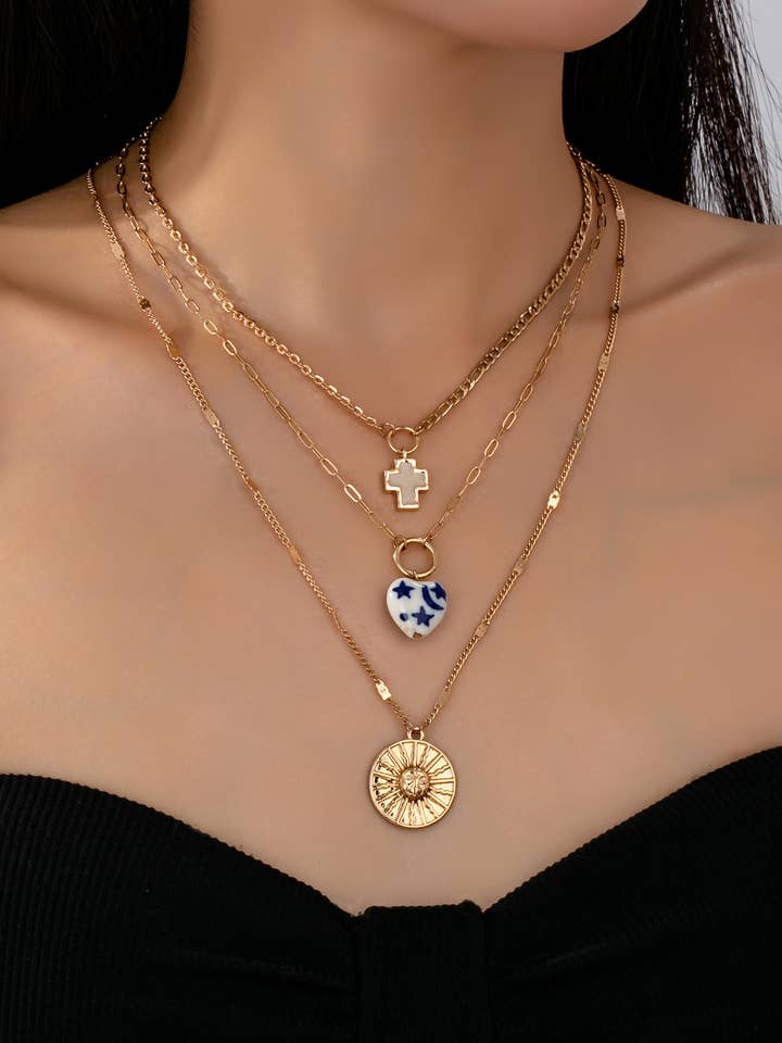 MULTI LAYER PORCELAIN HEART CROSS CHARM NECKLACE | 80N92498 for wholesale by JOSSLYN by wall to wall