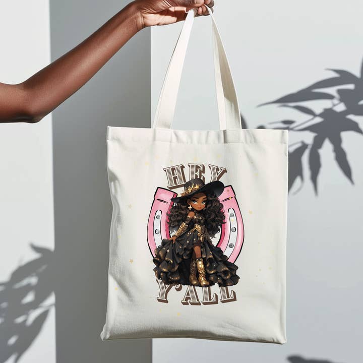 Hey Y’all Tote Bag | Vibes Western Cowgirl Noire et Rose pour la vente par Queenly Roots