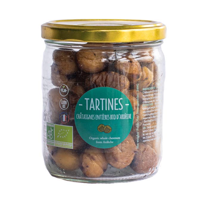 Organic whole chestnuts from Ardèche in a 30x240g pot for wholesale by Tartines & Oléa