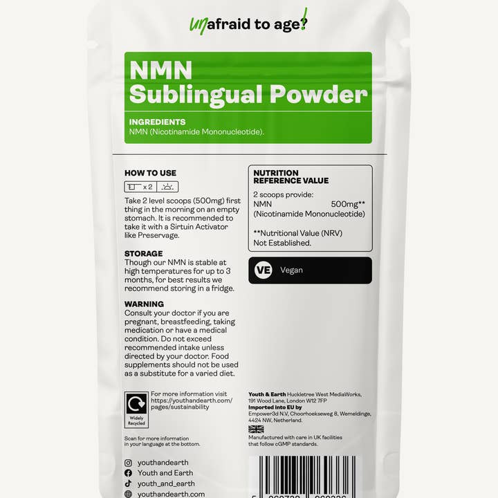 Youth & Earth - Venta al por mayor Suplementos/vitaminas para beber - Polvo Sublingual de NMN (β-Nicotinamida Mononucleótido) 15g (30-60 porciones)1