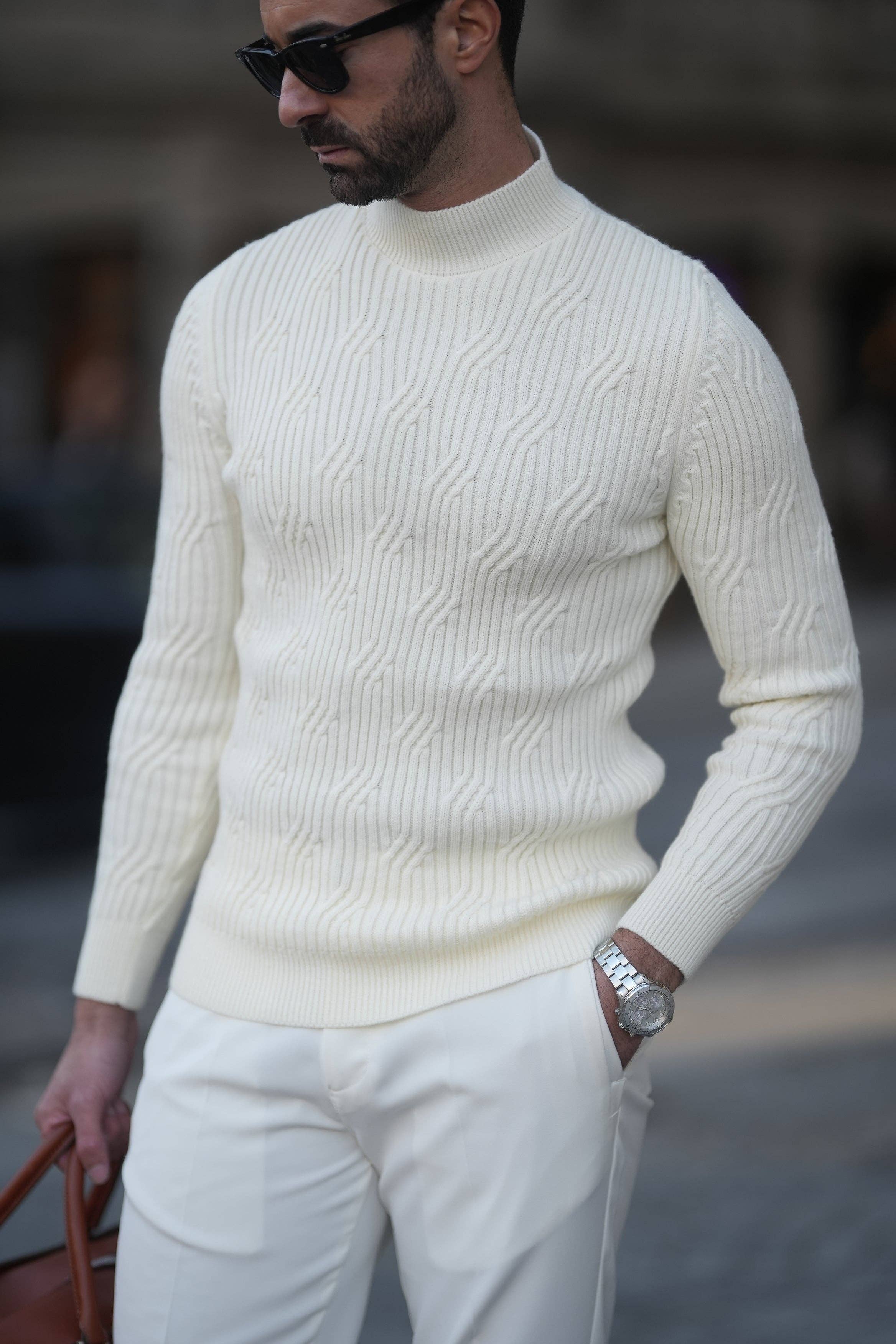 DONATO - Venta al por mayor Jersey de punto - Hombre - Suéter de cuello Perkins con estructura natural Pearl1