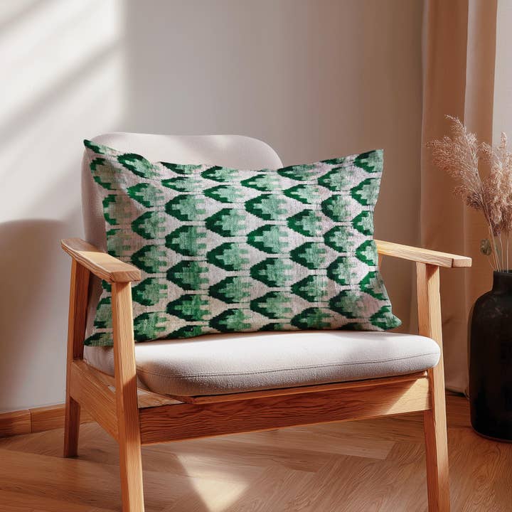 Green Silk Velvet Pillow Cover – Handwoven Ikat Throw Pillow for wholesale by Samarra Home
