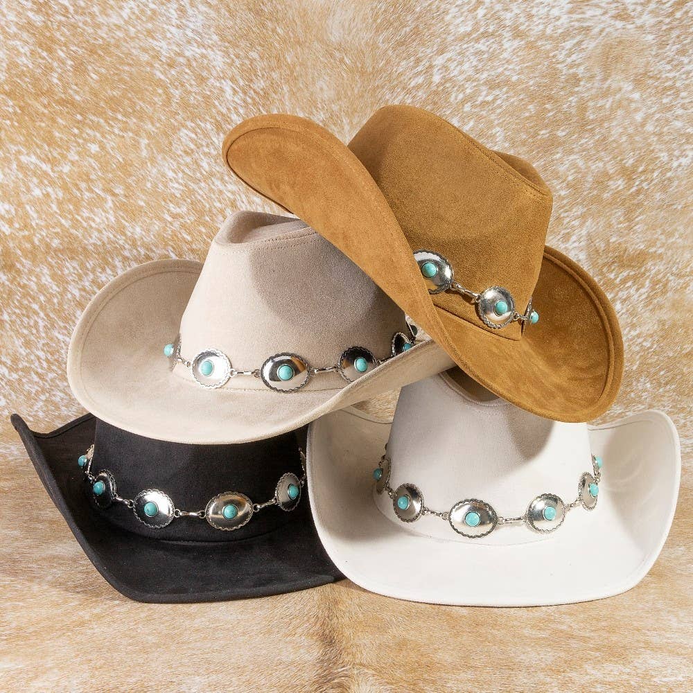 Collections by Fame Accessories - Wholesale Cowboy Hat - Women's - Turquoise Western Concho Chain Cowboy Hat0