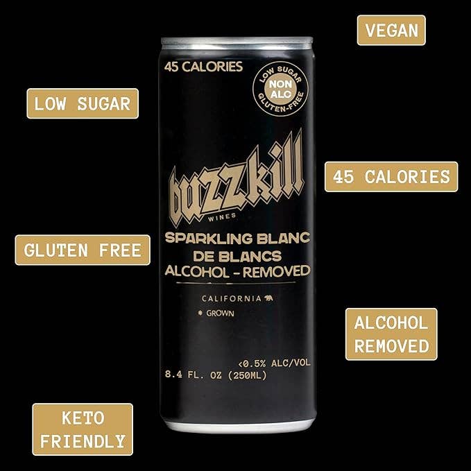 Buzzkill Wines - Wholesale Non-Alcoholic Spirits/Wine/Beer - Buzzkill Non-Alcoholic Sparkling Blanc de Blancs Wine | Low Sugar, Low Calorie, No Hangover - 24-Pack Cans1
