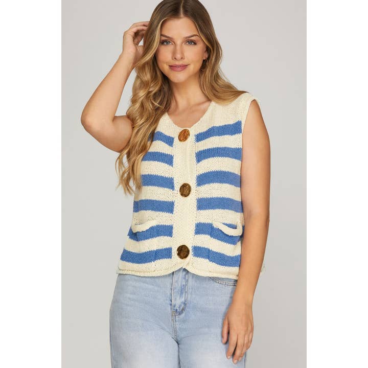 Gilet en tricot sans manches à rayures avec boutons pour la vente par BNS