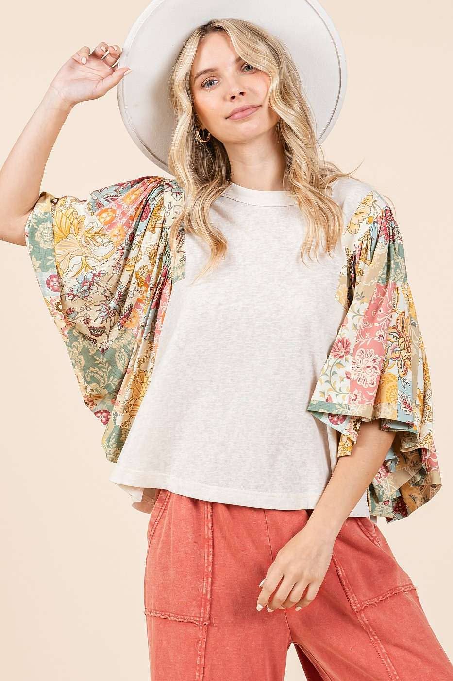 mittoshop - Wholesale Blouse - Women's - FLORAL PATCHWORK PRINT RUFFLE FLUTTER SLEEVE TOP7