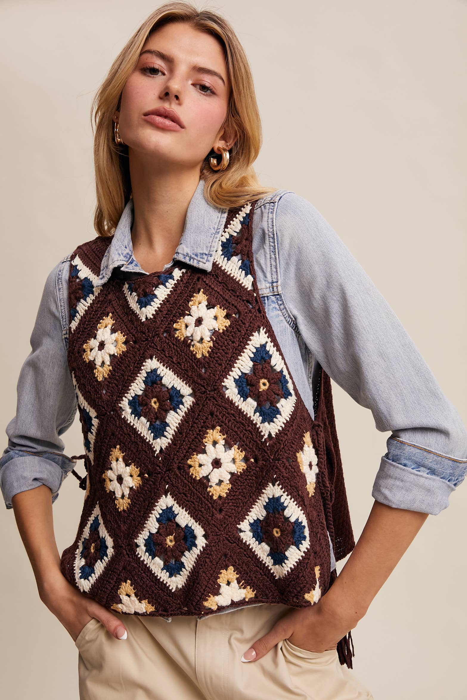 Listicle - Wholesale Sweater Vest - Women's - Crochet Granny Square Tassel Tie Vest LSW10061