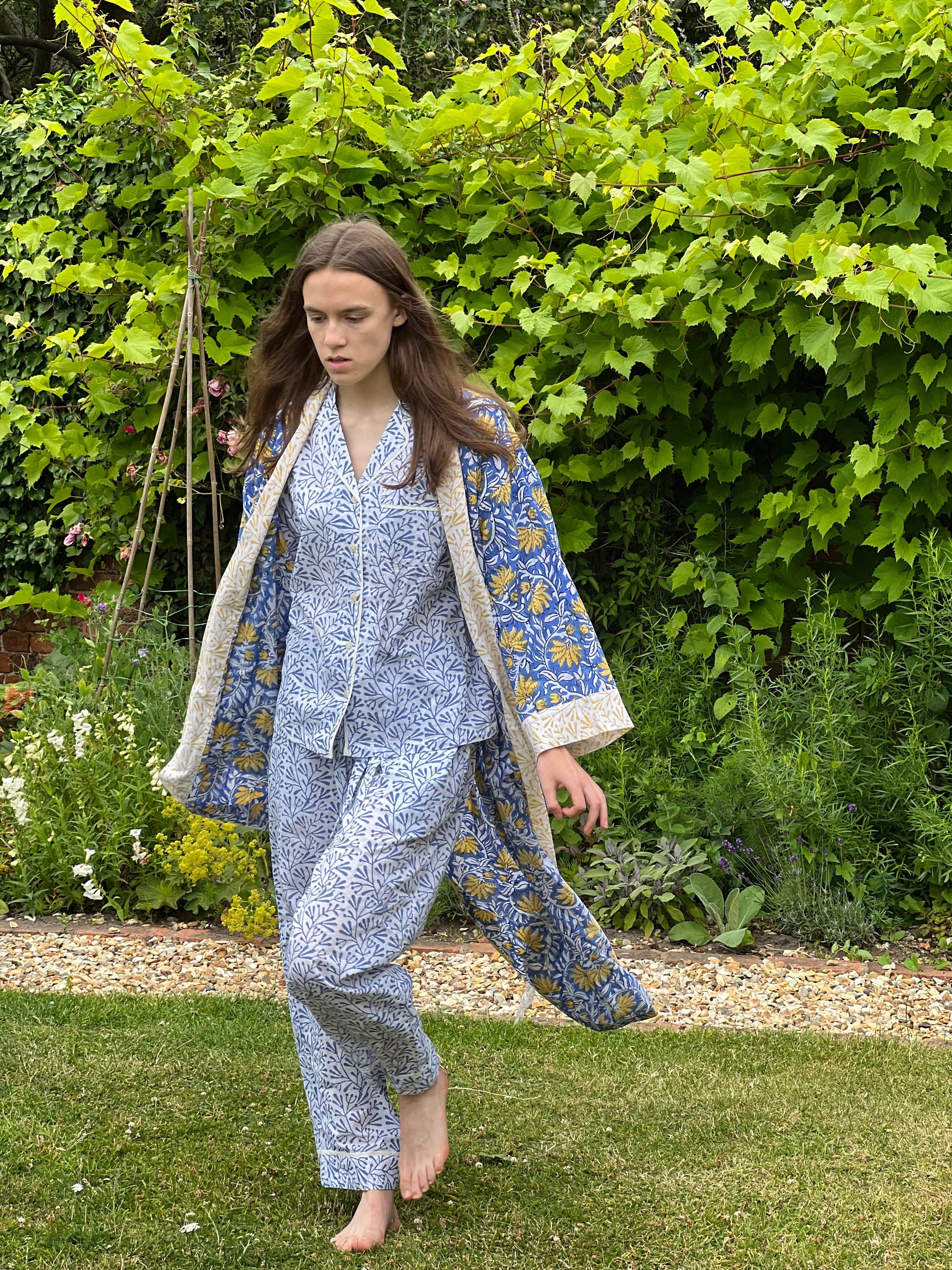 Lime Tree Design - Wholesale Robe - Women's - Long Cotton Kimono - Jaipur Blue & Yellow3