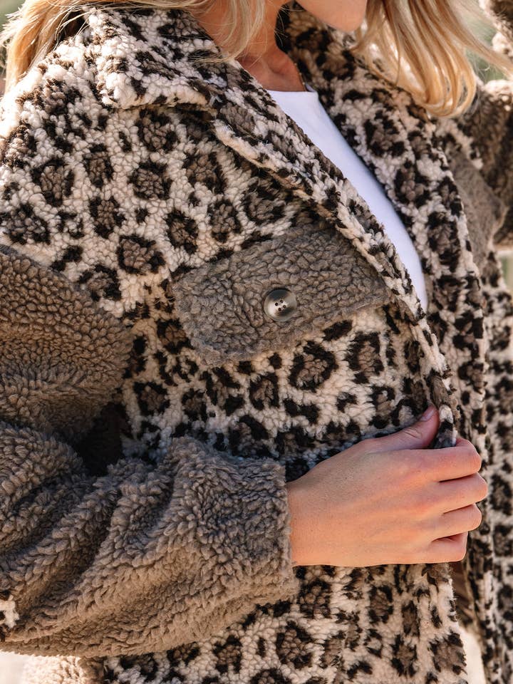 Brown Sherpa Leopard Print Flap Pocket Collared Button Up Jacket for wholesale on Faire2