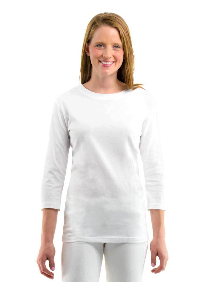Multi "Laugh More" 3/4 Sleeve Cotton Tee for wholesale on Faire