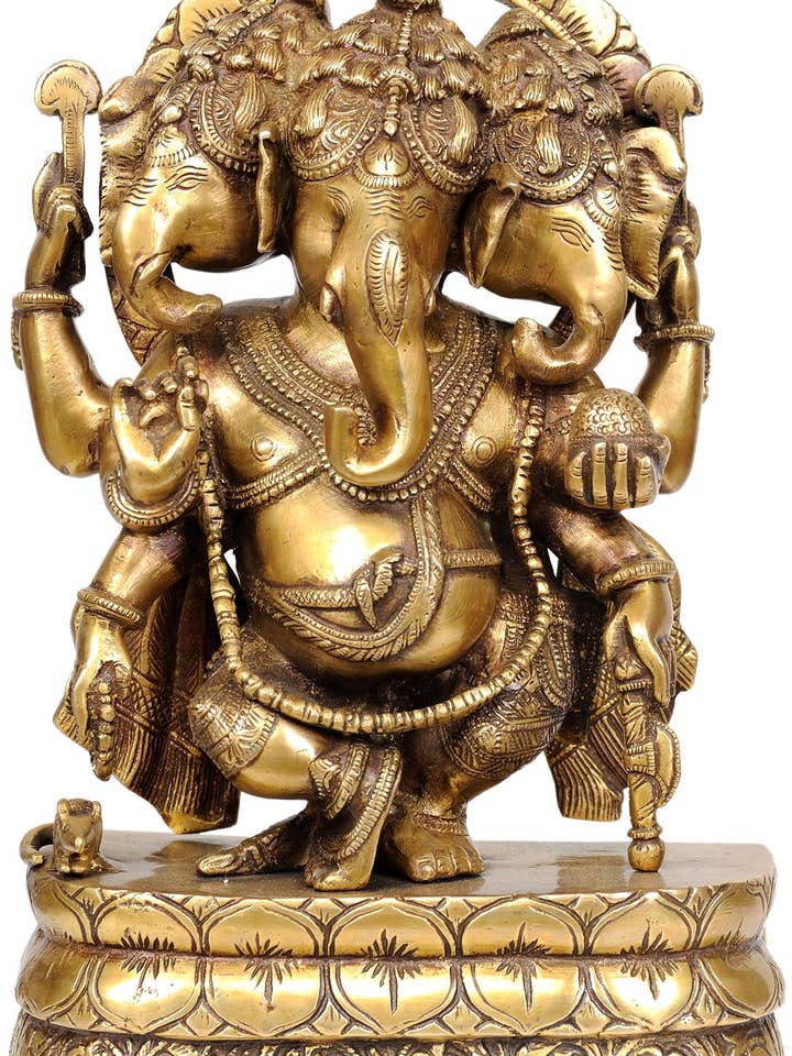 12" Three Headed Ganesha Brass Sculpture | Handmade Statue for wholesale by Exotic India Art