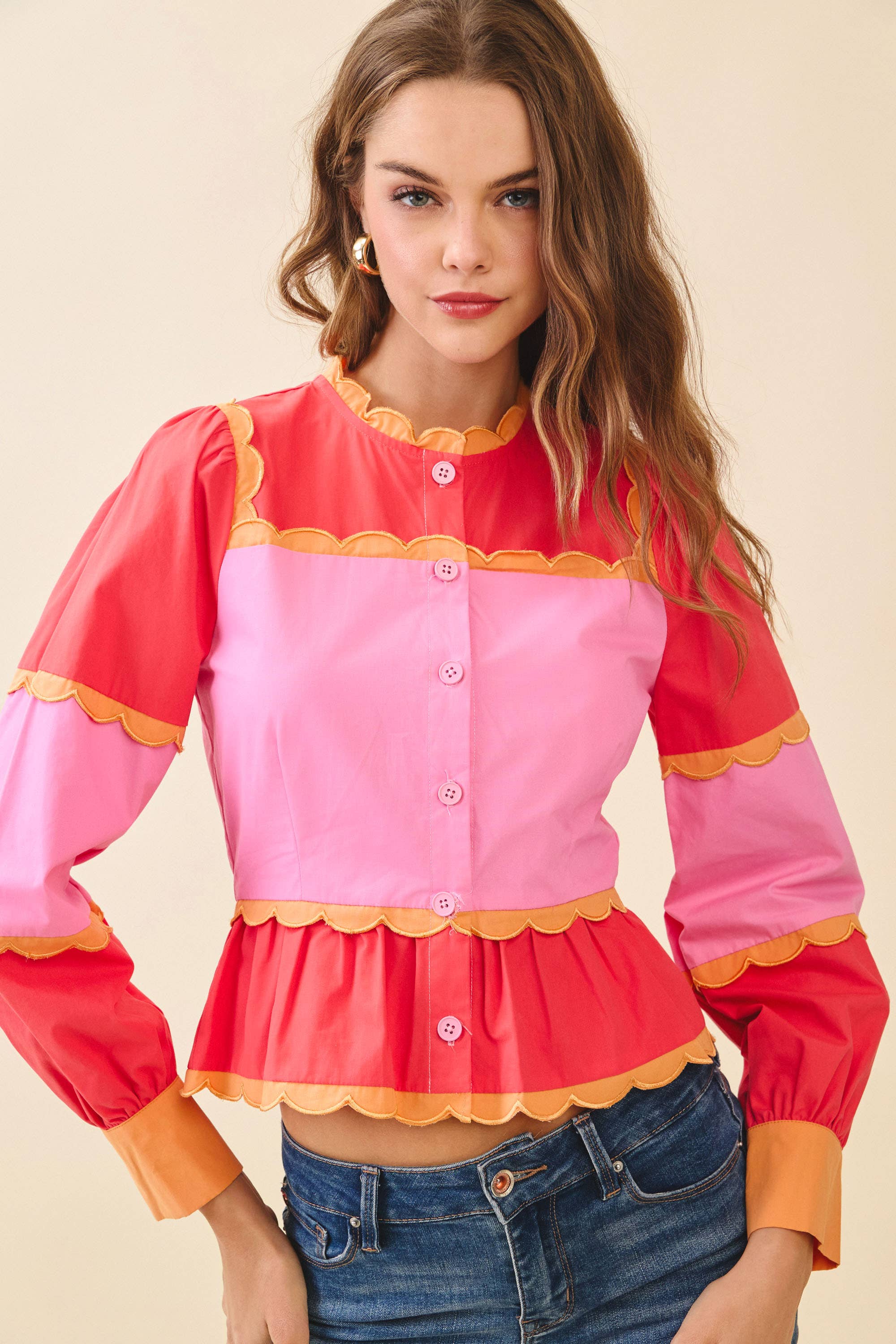 TCEC - Wholesale Button Down Shirt - Women's - CT9030S-Color Block Scalloped Detail Peplum Top5