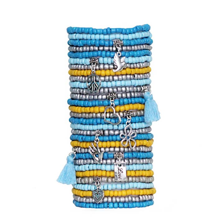 Beaded Bracelets Set of 30 in a Love and Peace Themed for wholesale by Bohemian Bracelets