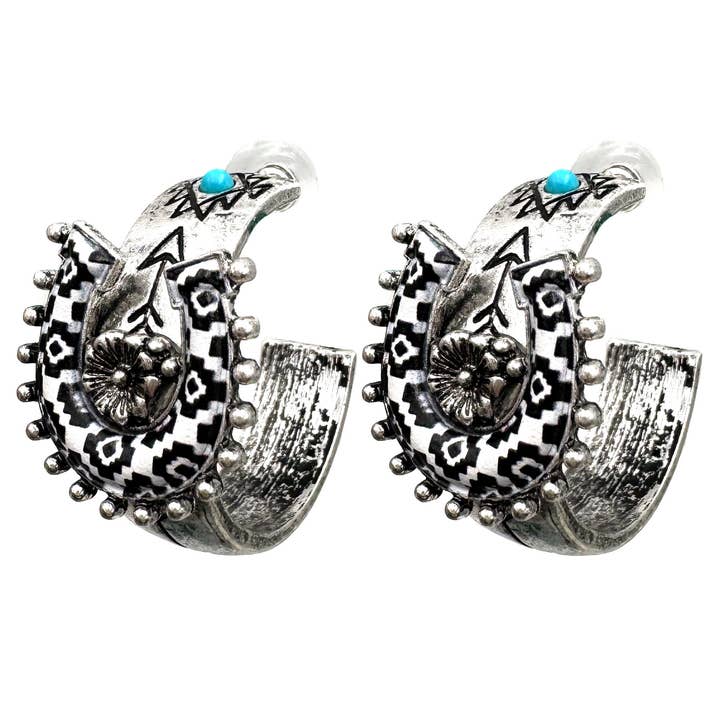Horseshoe Checkered Print Western Hoop Earrings for wholesale by Lunar Deer