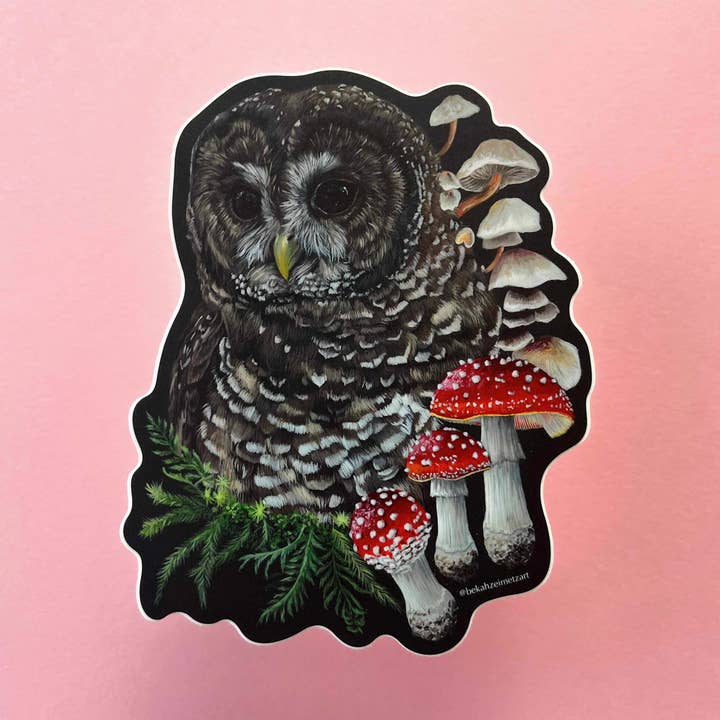 Adesivo con gufo e fungo per la vendita all'ingrosso da parte di Bekah Zeimetz Art