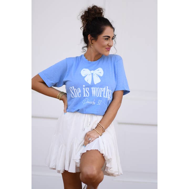 Heather Blue RTS She Is Worthy Tee for wholesale on Faire