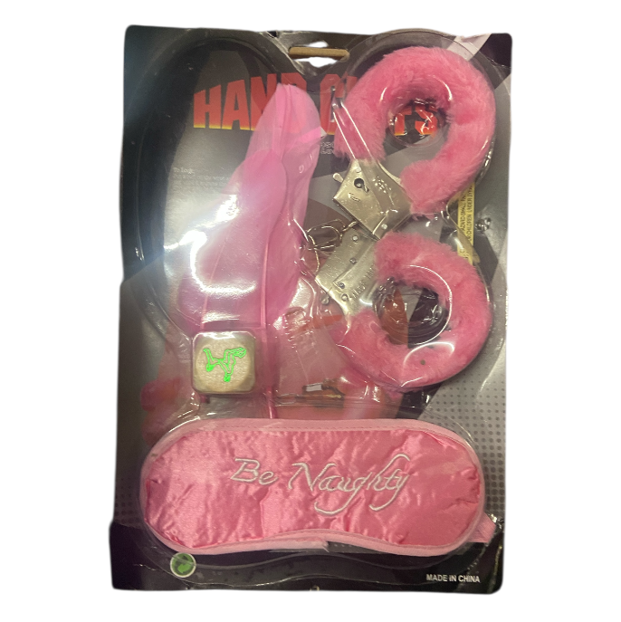 Kinky Pleasure - Wholesale Sex Toy - Be Naughty Kinky Party Set - Furry Cuffs / Feather / Blindfold / Sex Dice - Pink0