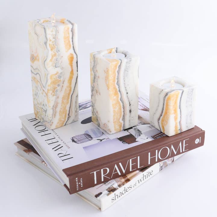 Lot de 3 porte-bougies en onyx/calcite mexicain zébré jaune et blanc pour la vente par Mi Esperanza Minerals