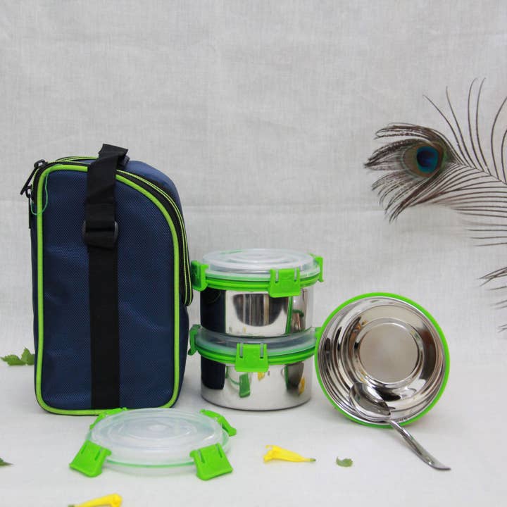 Stainless Steel Green Color 3 Compartment Food Container with Lid & Spoon| Multi-Section Lunch Box With Cover for wholesale on Faire2