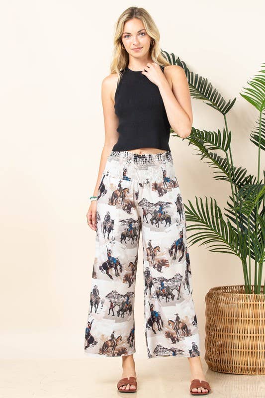 Khaki Multi AV1243-LEO WESTERN PRINT ELASTIC SMOCK WAIST WOVEN PANTS for wholesale on Faire5