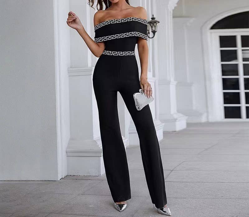 Noir JP014 Combinaison élégante à une épaule à bordure imprimée en vente sur Faire1