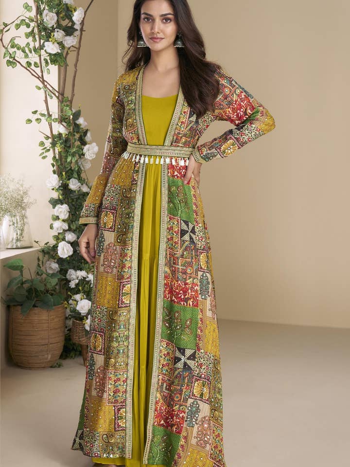 Olive Georgette Anarkali Suit With Long Jacket For Indian & Pakistani Wedding Festival - Thread Embroidery Work, Print Work for wholesale by HATKE BRIDE