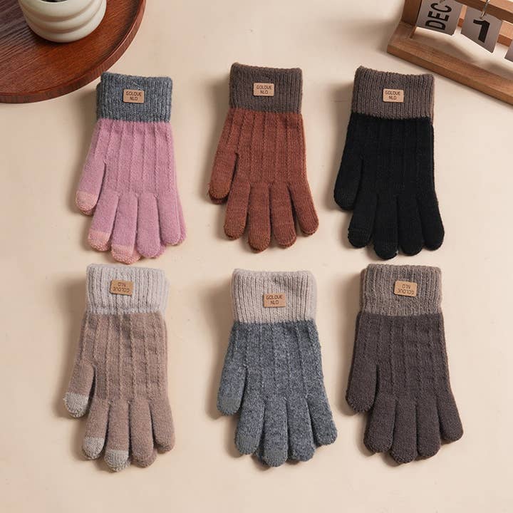 DOUBLJU - Wholesale Gloves - Women's - RETRO TEXTURED CONTRASTING COLOR KNITTED GLOVES_CWAG006187
